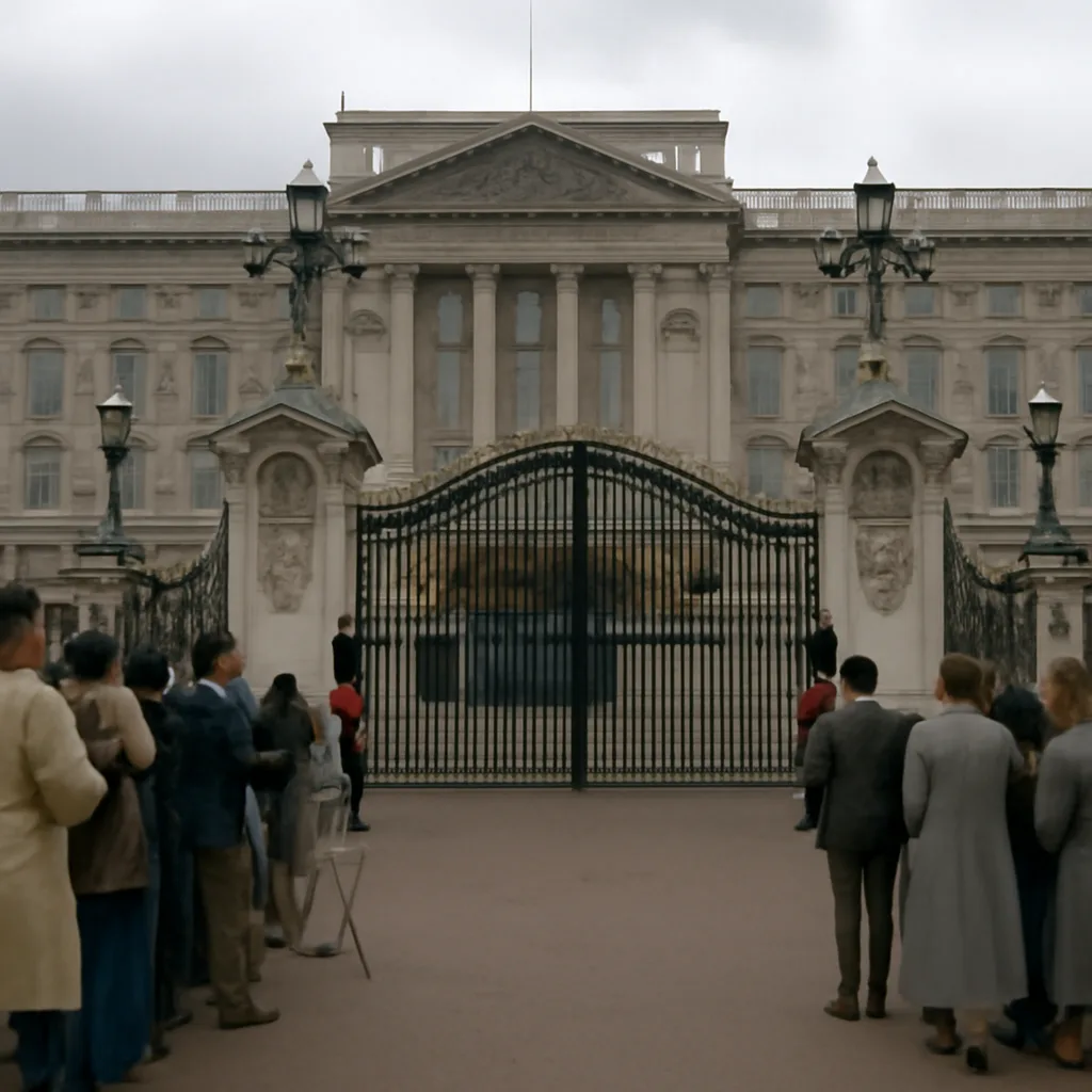 Exterior of a late 20th-century royal residence with security and subdued public presence, showing a somber crowd and press outside the gates.