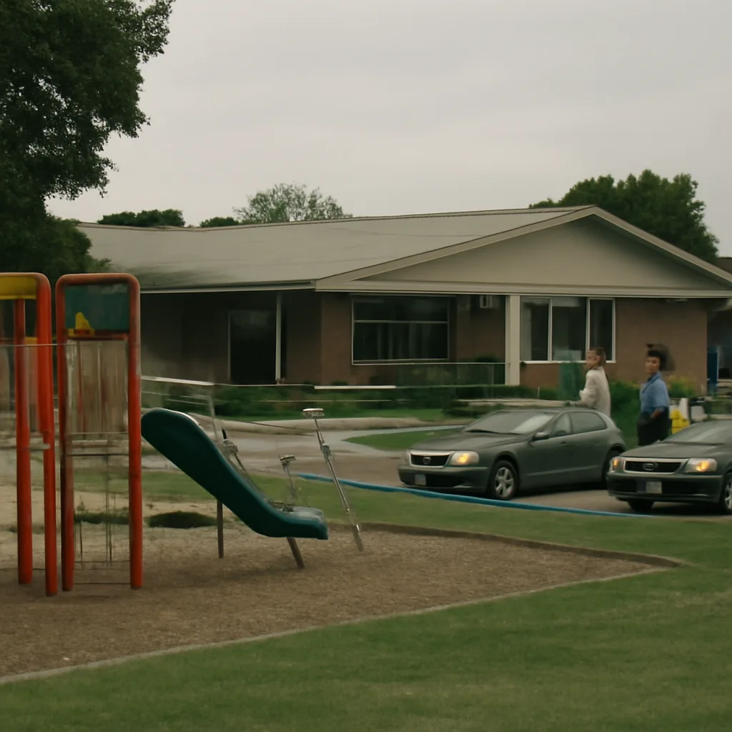 Exterior view of a 1990s-era California elementary school with police tape and emergency vehicles outside; parents and officials gathered at the perimeter.