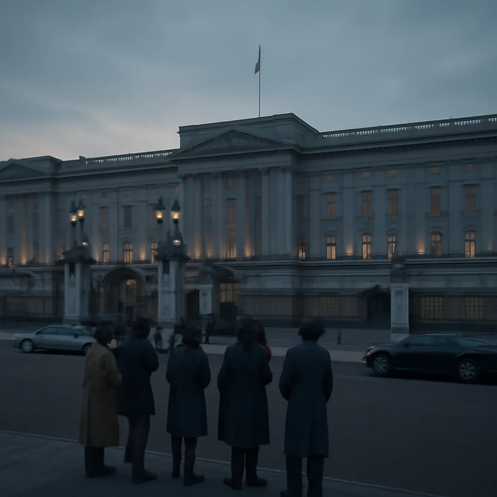 Exterior of Buckingham Palace and surrounding gates at dusk in early 1990s Britain, with a few reporters and cameras clustered outside, conveying heightened media attention.