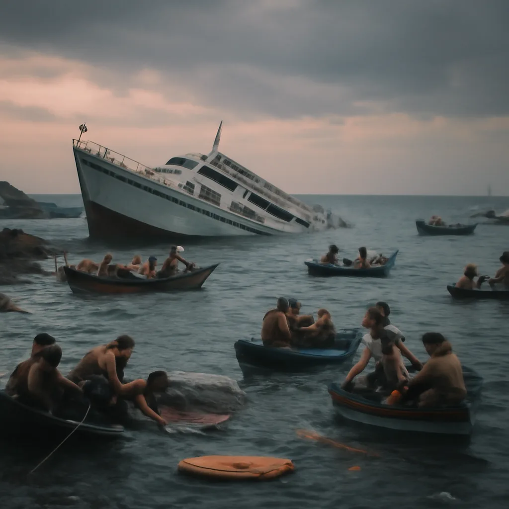 Coastal rescue scene at dusk: small fishing and coast guard boats clustered near a partially submerged passenger ferry, smoke or spray visible, rescuers and life rafts on the water.