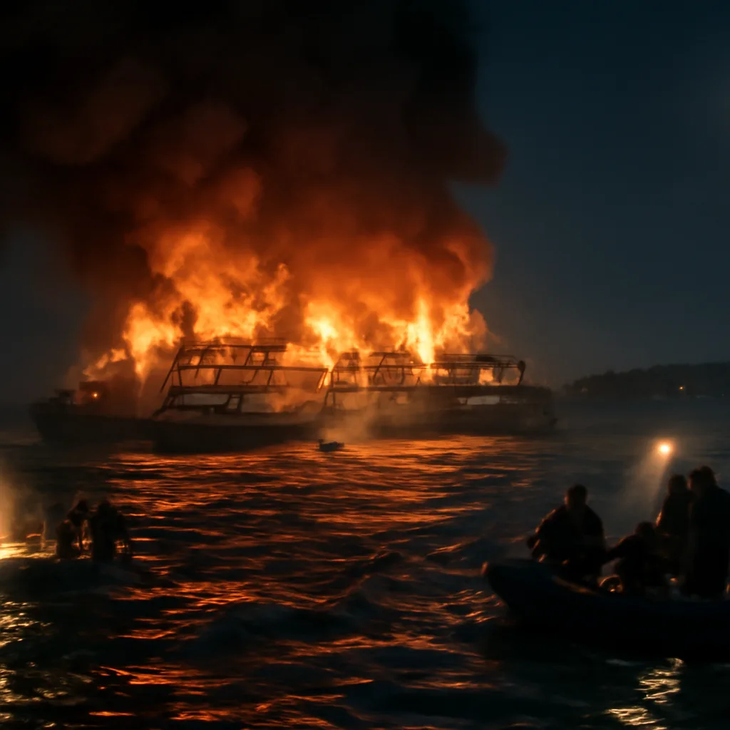 A night-time scene of a large passenger ferry burning at sea with smoke and flames rising while rescue boats and floating debris surround the vessel; silhouetted rescuers and life rings visible, no identifiable faces.