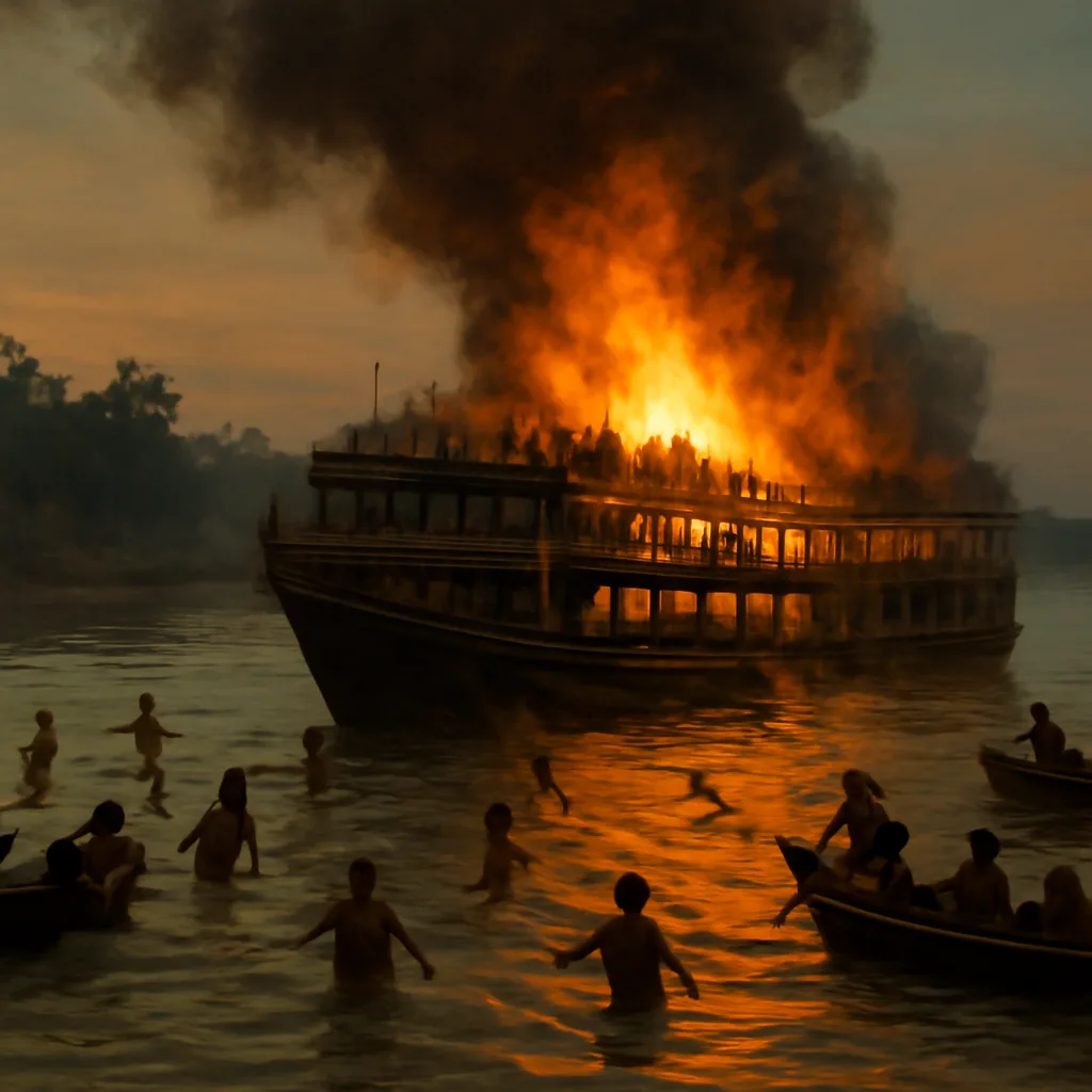 A crowded passenger ferry on a wide tidal river near mangrove shoreline, smoke rising from a distant vessel with small boats nearby during a river rescue effort.