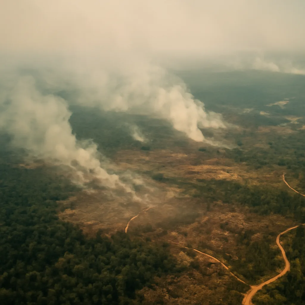Smoke plumes rising over a patchwork of cleared agricultural fields and remaining rainforest canopy in the Amazon Basin during a dry season fire event.