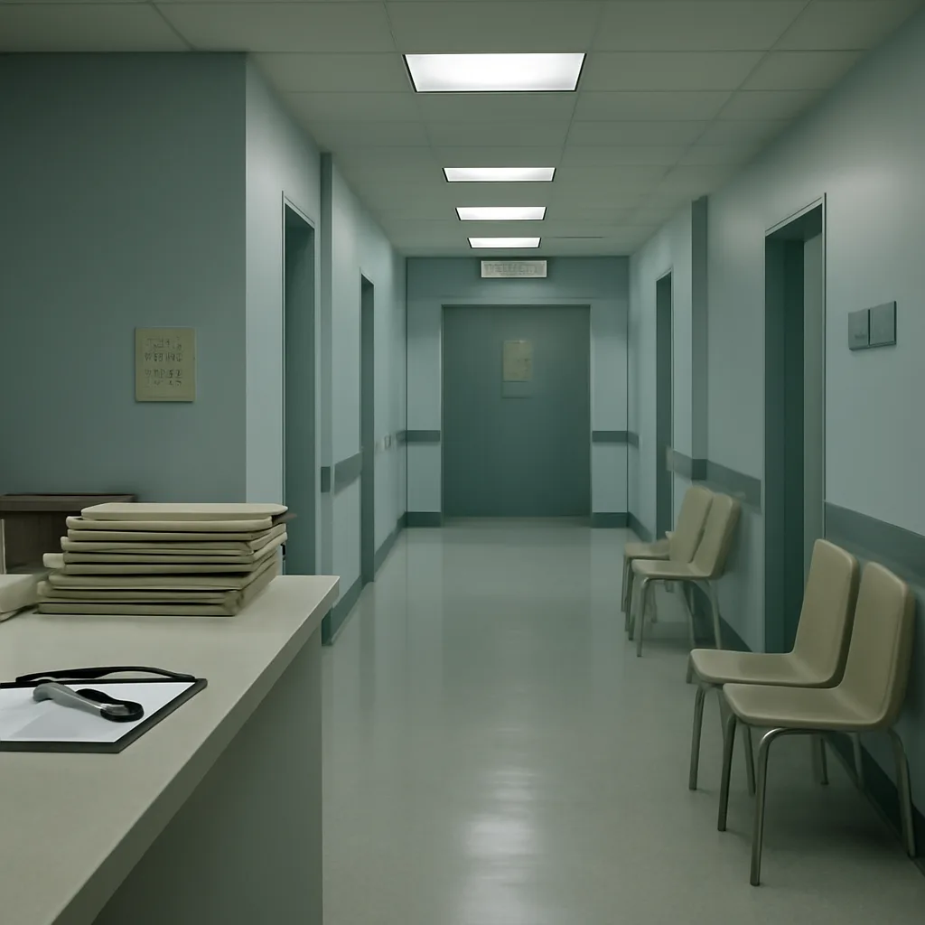 Hospital corridor and waiting area from the late 1990s, empty chairs and clipboard on a reception desk, documents and a stethoscope visible, conveying medical and administrative context without showing identifiable faces.