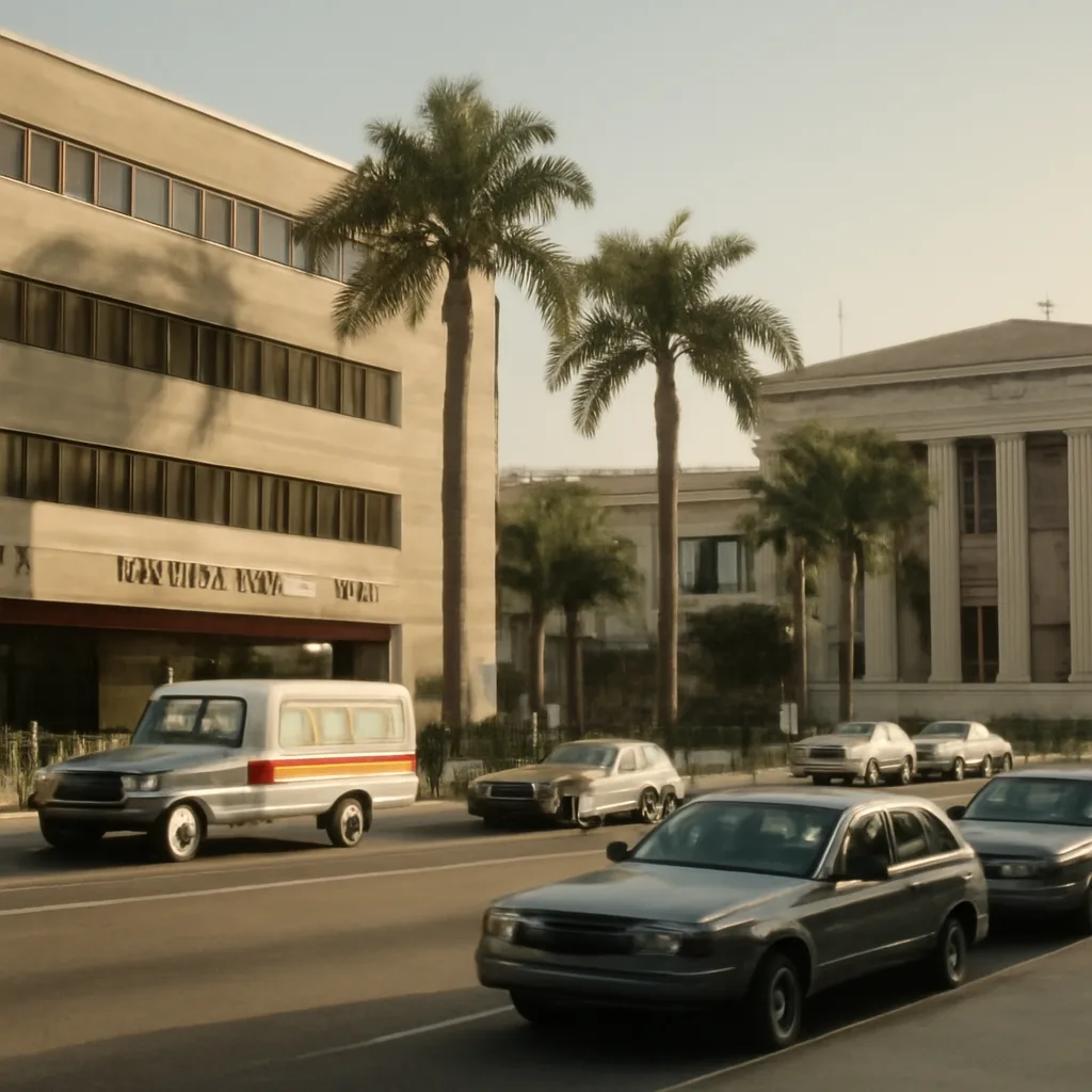 Exterior of a 1990s Miami hospital and courthouse area, ambulance and police presence suggesting an ongoing investigation; palm trees and period vehicles visible.