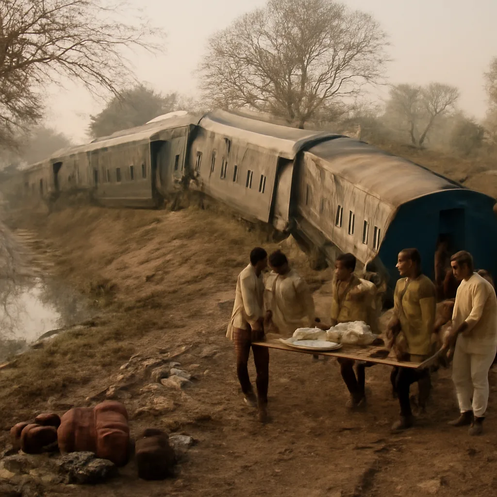 Derailment scene near a river embankment in rural Bihar in winter: toppled passenger coaches beside tracks with emergency responders and villagers at the site.