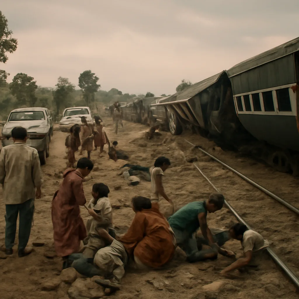 Derailment scene near a rural railway in Bihar in the late 1990s: overturned passenger coaches beside tracks, local responders and villagers at the site, ambulances or stretchers nearby.