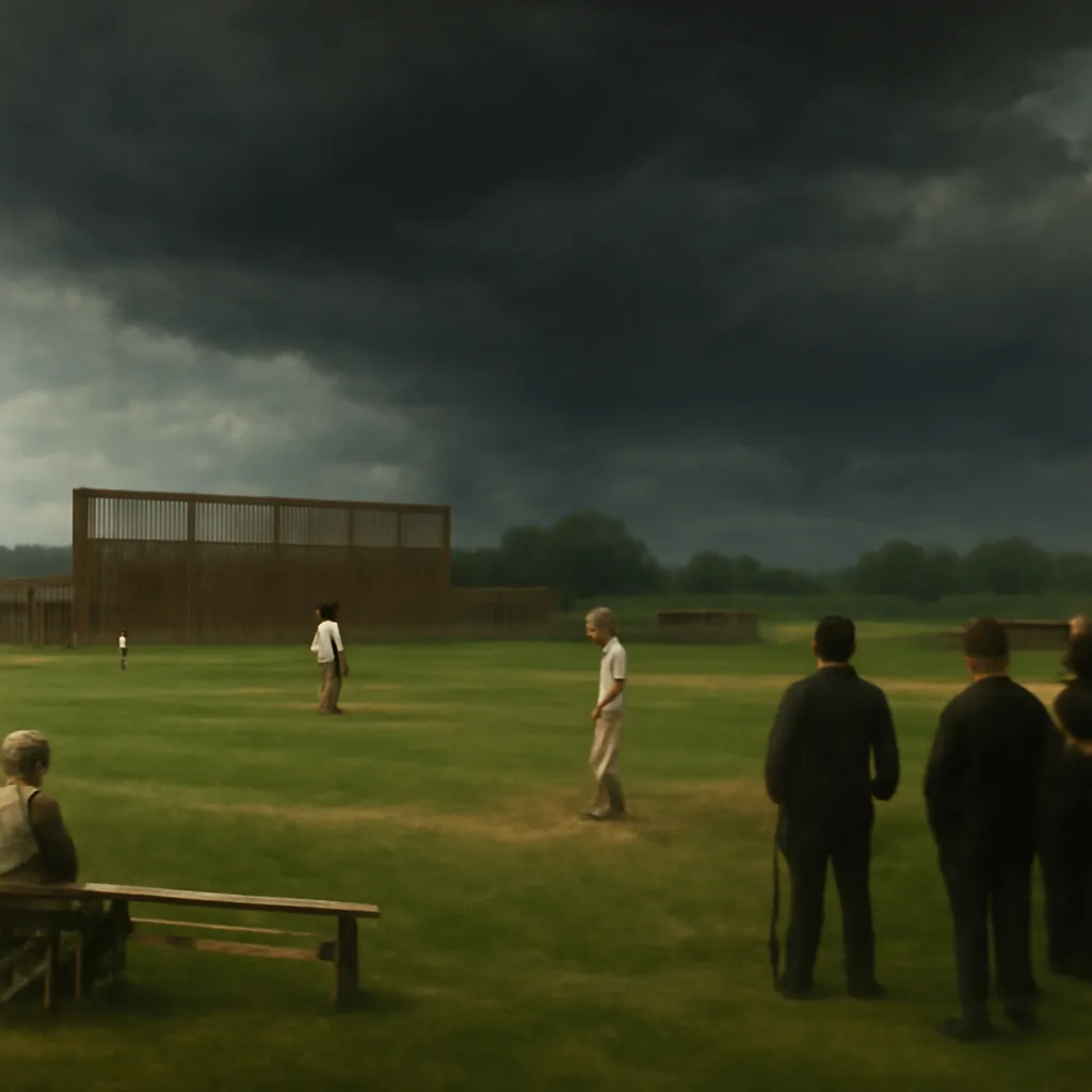 Late 19th-century baseball field under darkening summer sky with players and spectators dispersing as a storm approaches