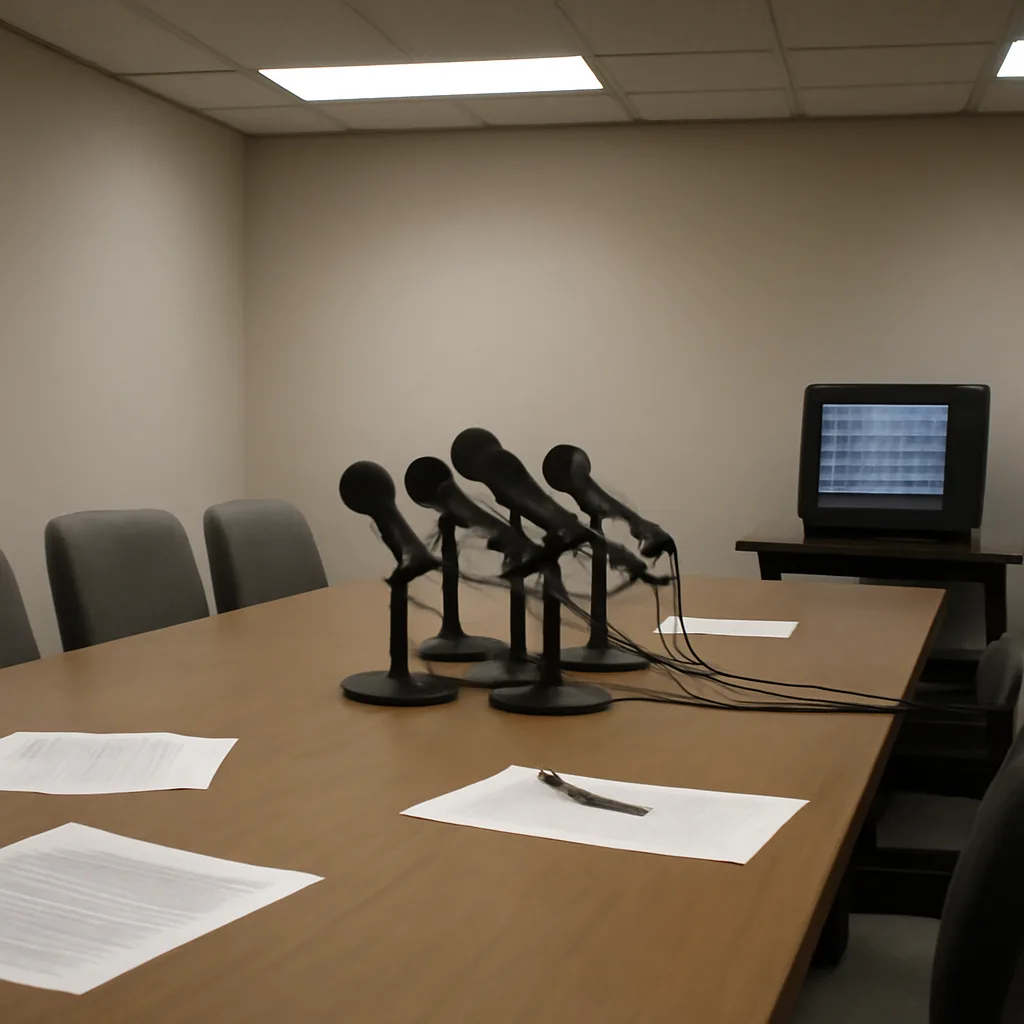 A press conference room with microphones and empty chairs; headlines about a human cloning claim displayed on a 2000s-era television in the background.