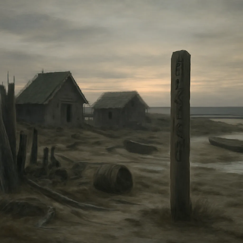 Roanoke Island shoreline with empty palisade posts and dismantled wooden structures near tidal marshes, 16th-century English clothing and small wooden boats ashore absent of people.