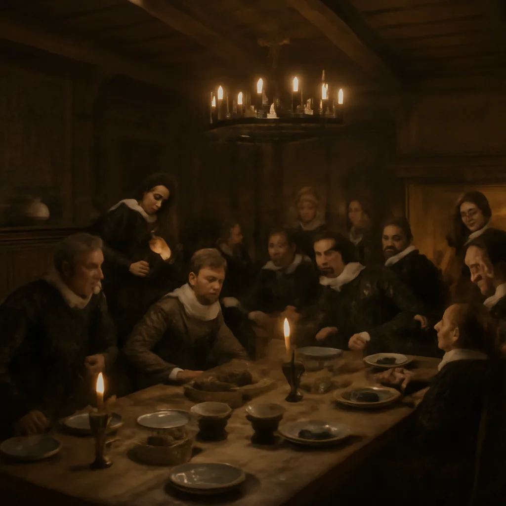 An early modern indoor banquet scene with diners seated at a long table, serving bowls and covered dishes, a few guests leaning back as attendants tend to them—period clothing and candlelight suggest late 16th-century setting.