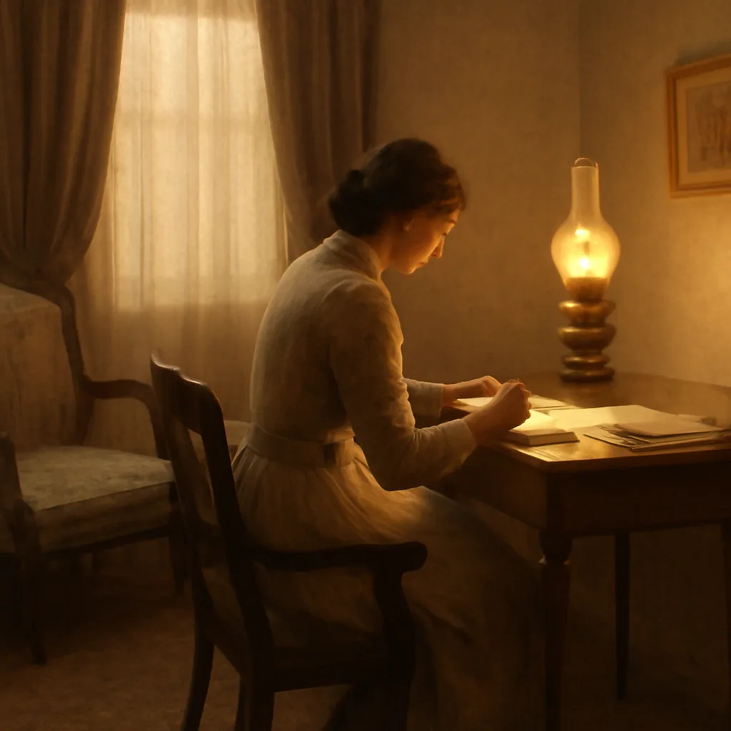 Early 20th-century parlor with a woman writing a letter by lamplight and a stack of newspapers on a table, suggesting long-distance correspondence and newspaper notices.