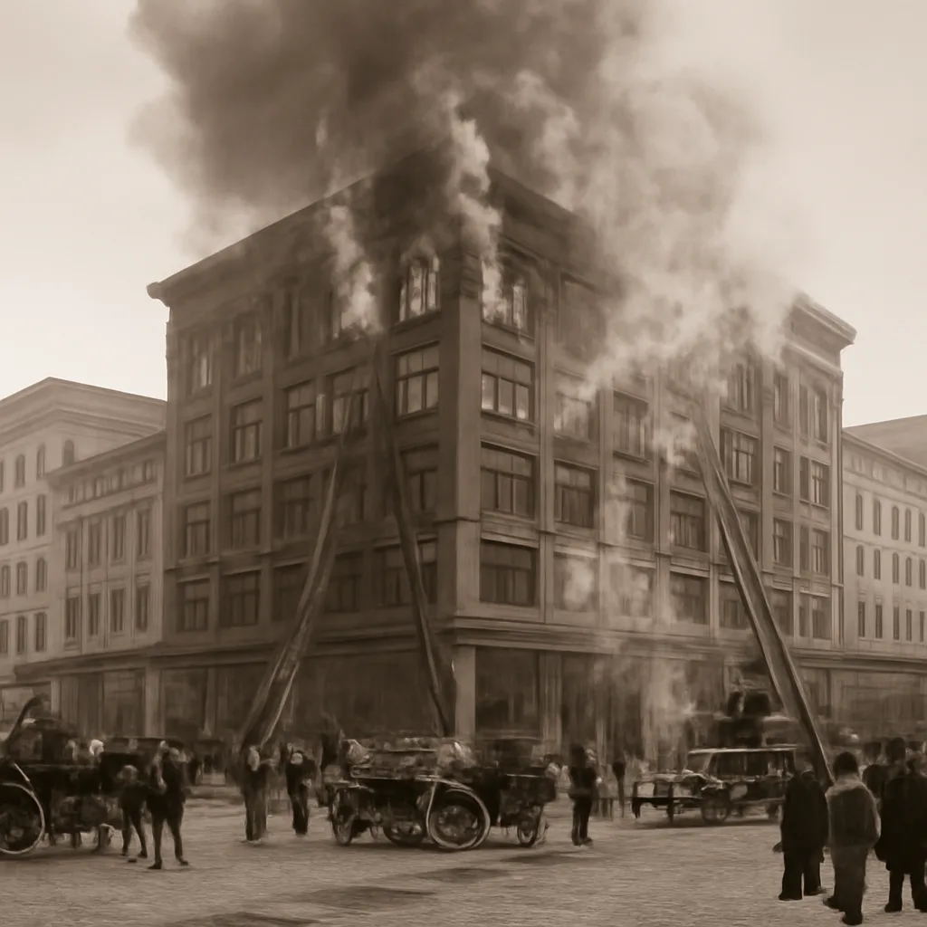 Early 20th-century multi-story commercial building with fire-damaged upper floors, firefighters operating ladders and hoses from the street, smoke rising; period horse-drawn and motorized firefighting apparatus visible.