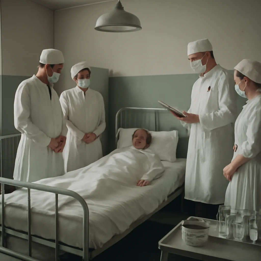 Hospital ward in the 1940s with physicians attending a patient on a bed, medical equipment of the era visible; scene conveys clinical observation and postwar medical setting.