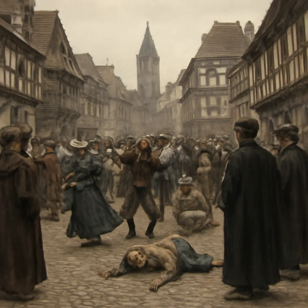 A 16th-century street scene in Strasbourg with groups of people dancing or collapsing, city houses and a church tower visible, officials and clergy observing—no identifiable modern clothing or faces.