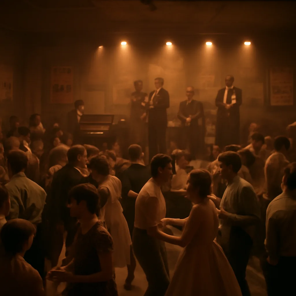 A 1950s concert crowd in a dimly lit dance hall, young people standing and dancing to a live band on stage, clothing styles and instruments consistent with early 1950s America.