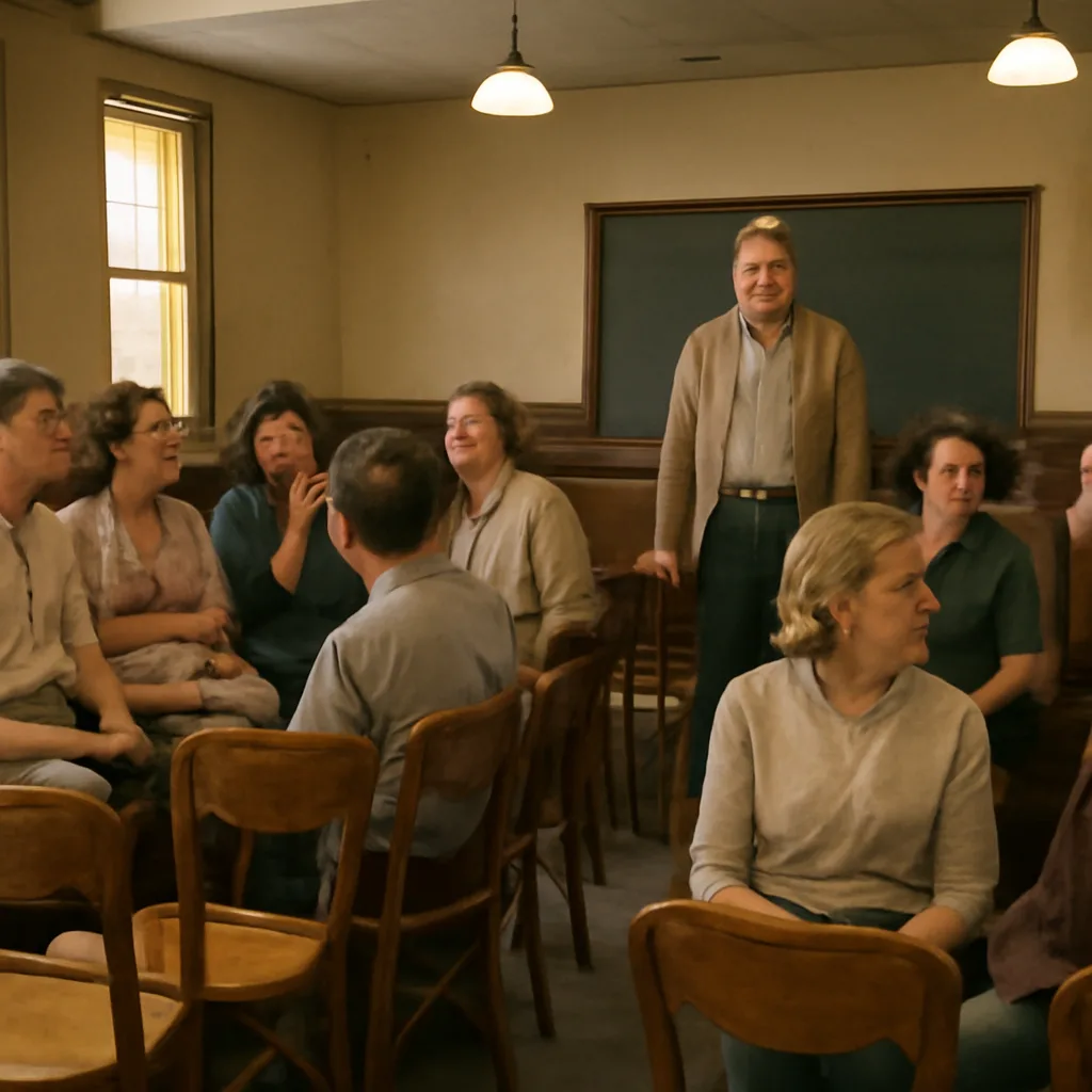 A mid-20th-century classroom or community room with people seated and reacting; photograph-style view showing groups of individuals producing animated laughter and attention, without identifiable faces.