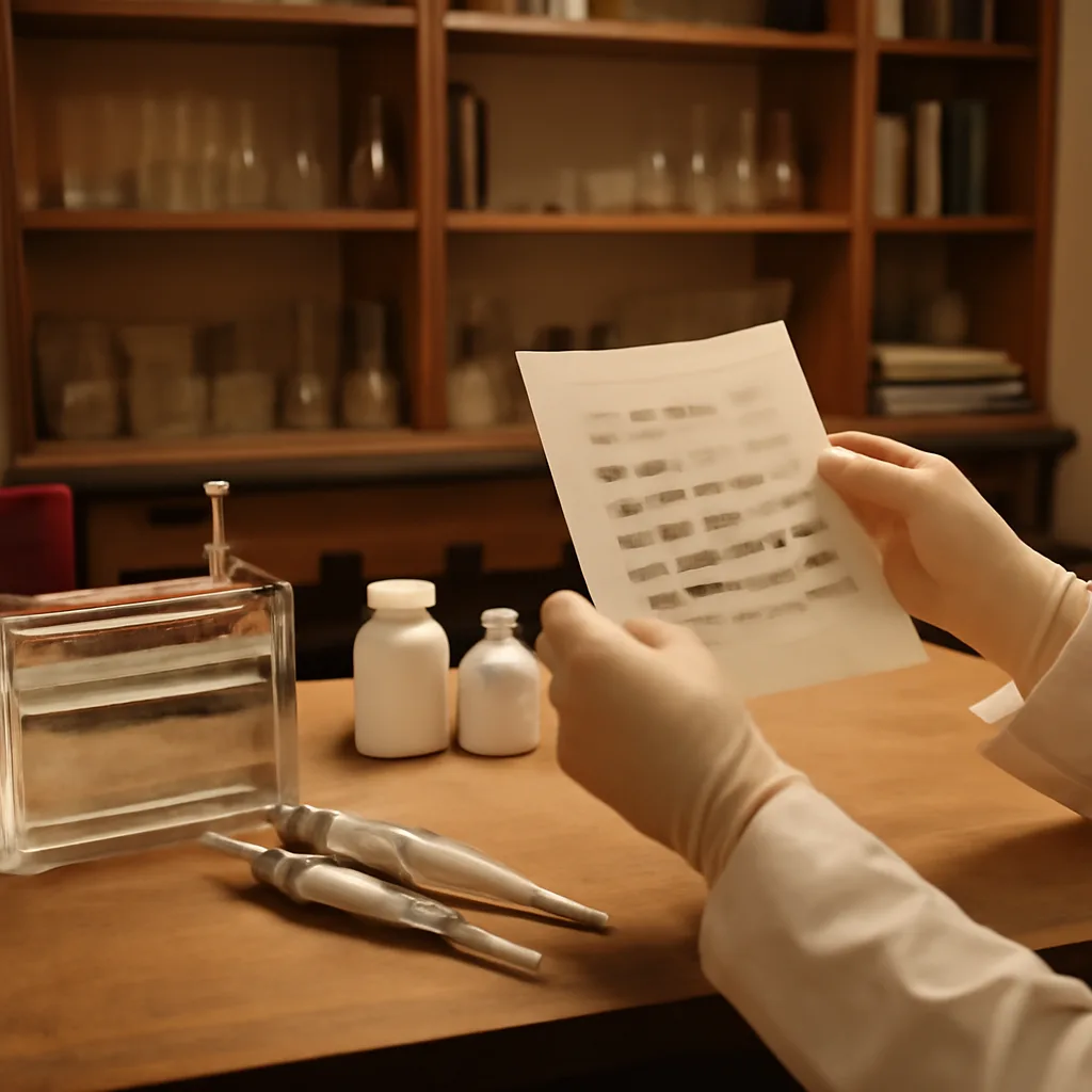 Laboratory bench in the 1980s with gel electrophoresis equipment, autoradiograph strips showing banding patterns, reagent bottles, and a scientist’s gloved hands handling a membrane—representing early DNA fingerprinting work.