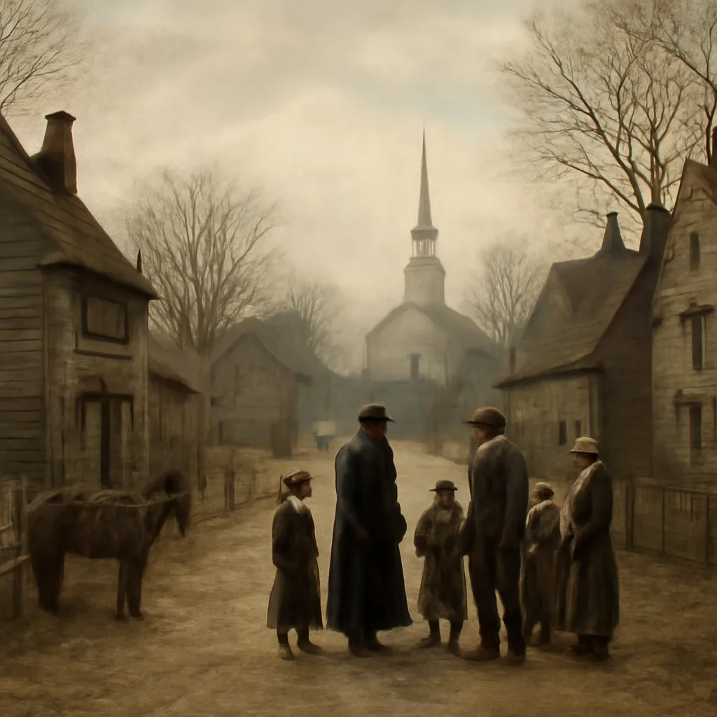 A late 17th-century New England village street with wooden houses and a small group of children and adults gathered in the dirt road, showing somber faces and plain colonial clothing.