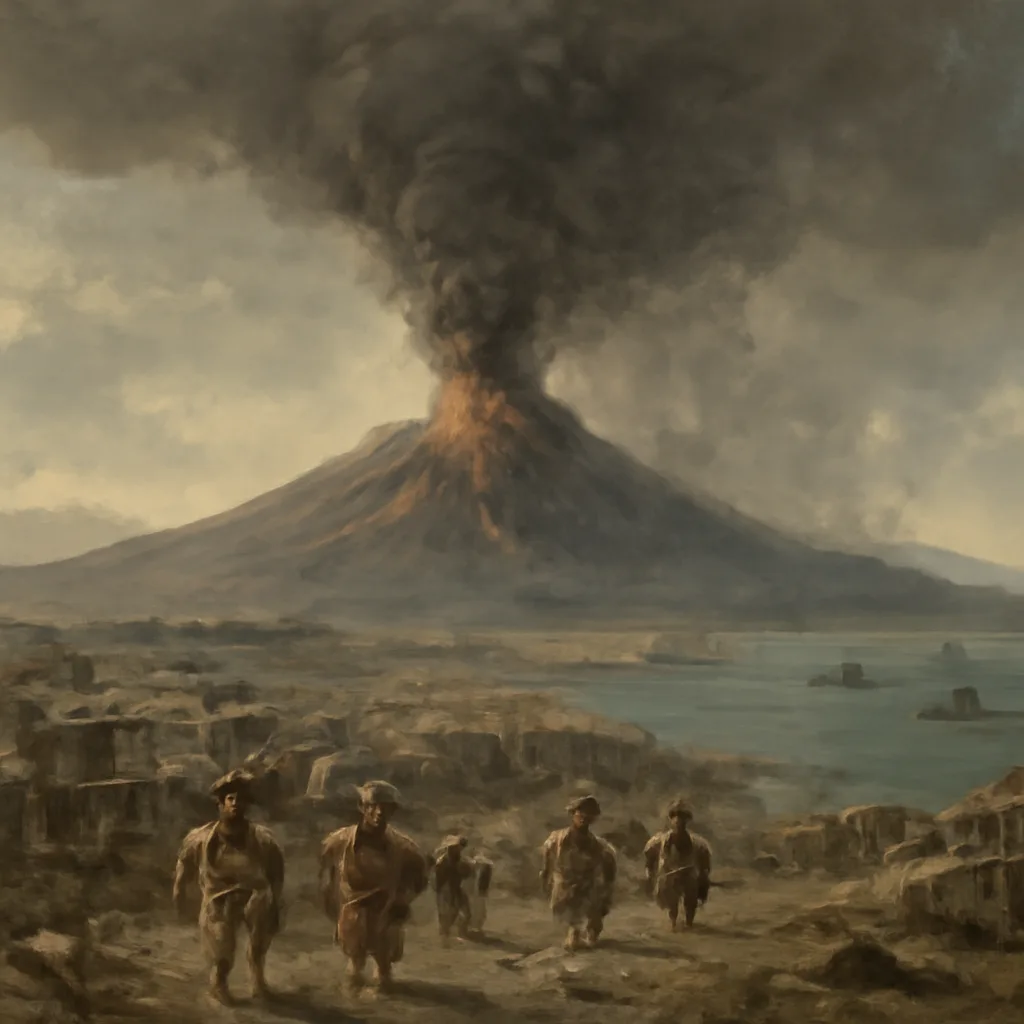 View of Mount Vesuvius towering over the Bay of Naples with ash clouds; in the foreground, the buried and partially excavated streets and collapsed roofs of Pompeii covered by volcanic deposits.