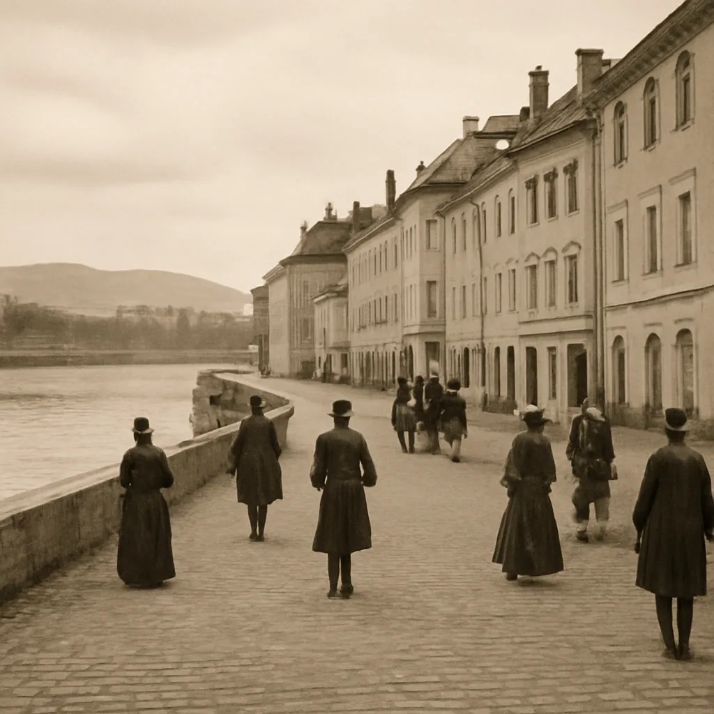 Late 19th-century riverside houses in Braunau am Inn, Austria, showing a multi-storey stuccoed building typical of the era near the Inn River; no identifiable portraits.