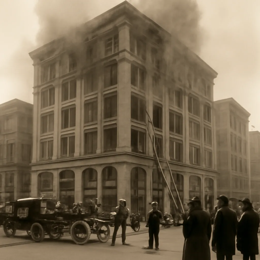 Early 20th-century steel-frame commercial building exterior in an urban streetscape with smoke and fire apparatus nearby, showing period horse-drawn and motorized vehicles and men in era-appropriate uniforms.