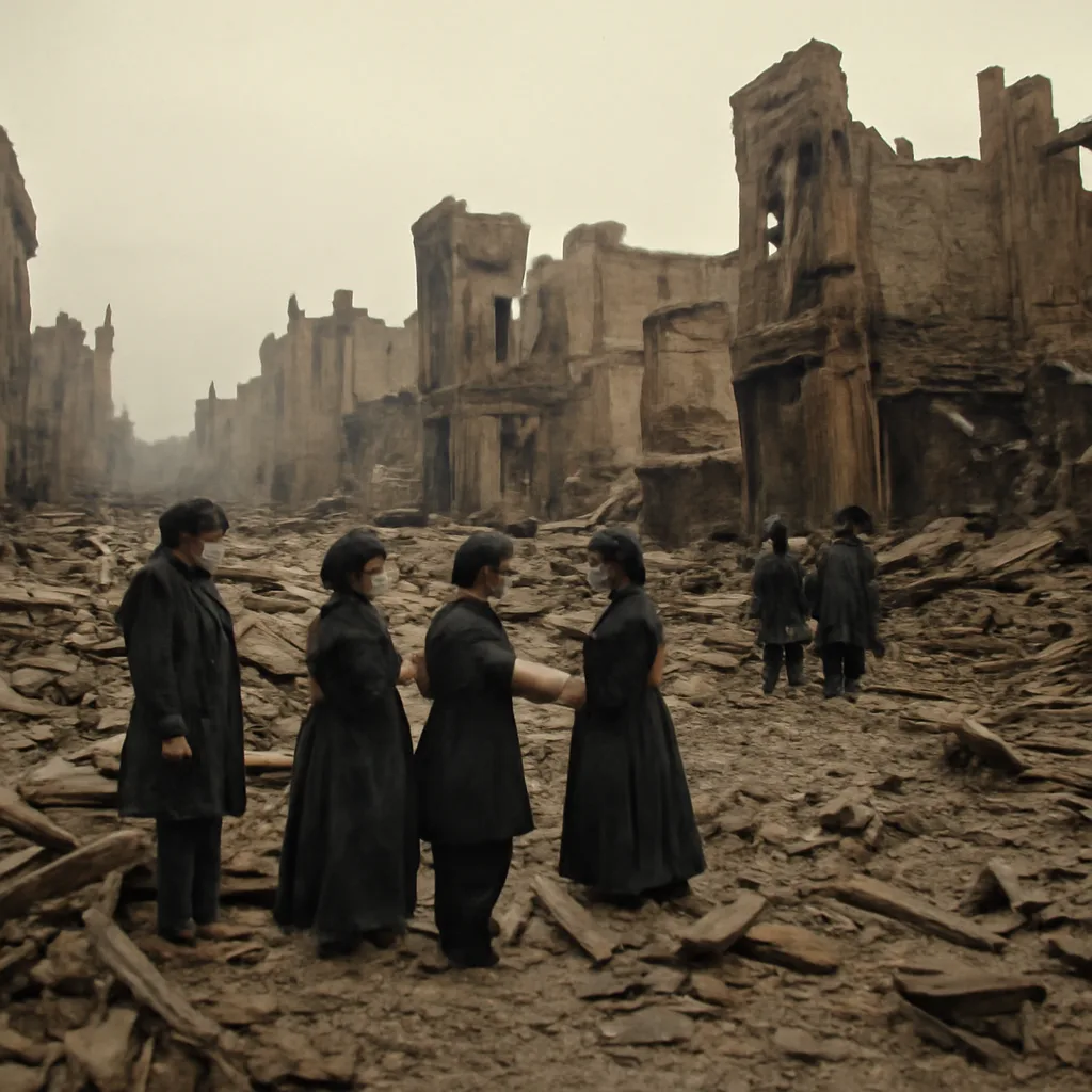 Ruined Chicago streets after the 1871 fire showing charred building shells, rubble-strewn cobblestone street, and groups inspecting damage—depicts post-fire destruction and investigation context.