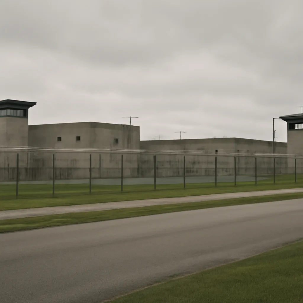 Exterior of Florida State Prison in Raiford, Florida, with a surrounding fence and guard towers, daytime view reflecting a maximum-security correctional environment.