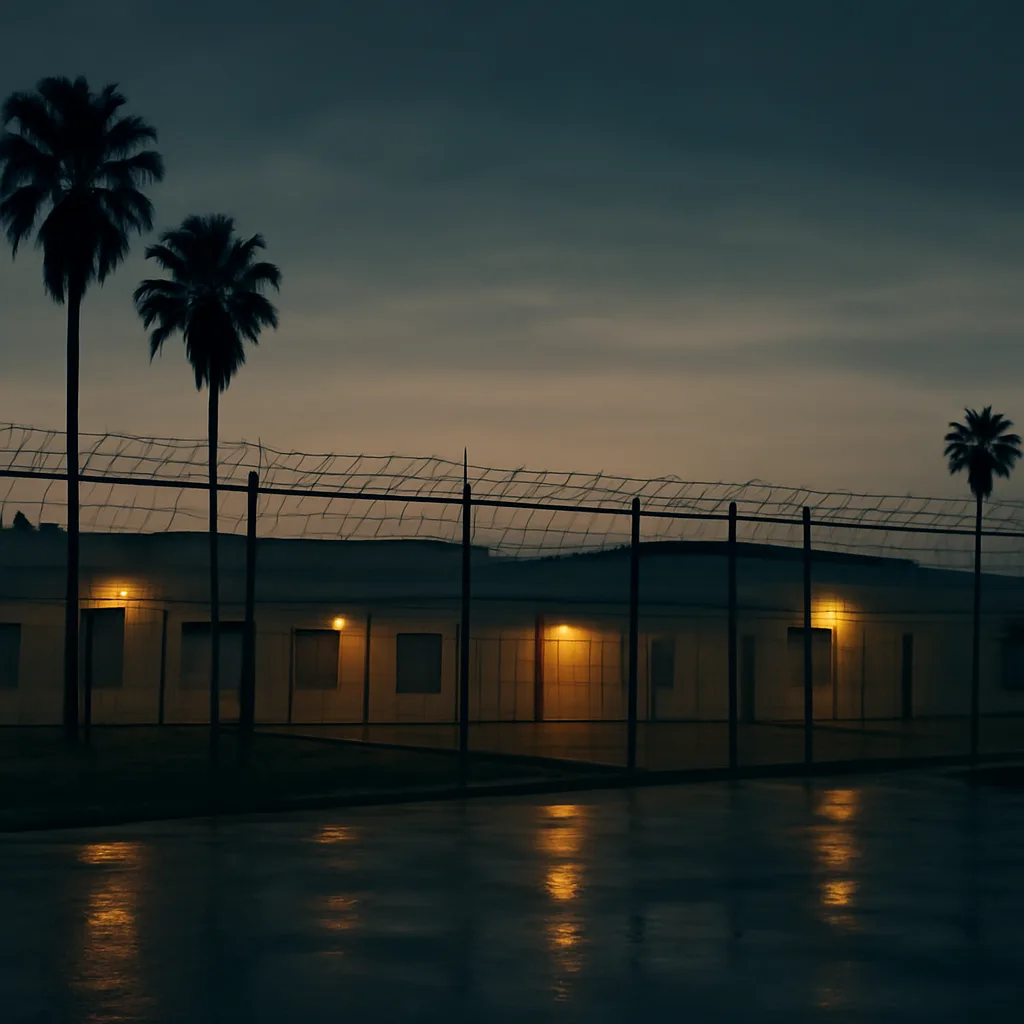 Exterior of a Florida correctional facility at dusk with a subdued, institutional atmosphere; empty perimeter, low light, and palm trees in silhouette.