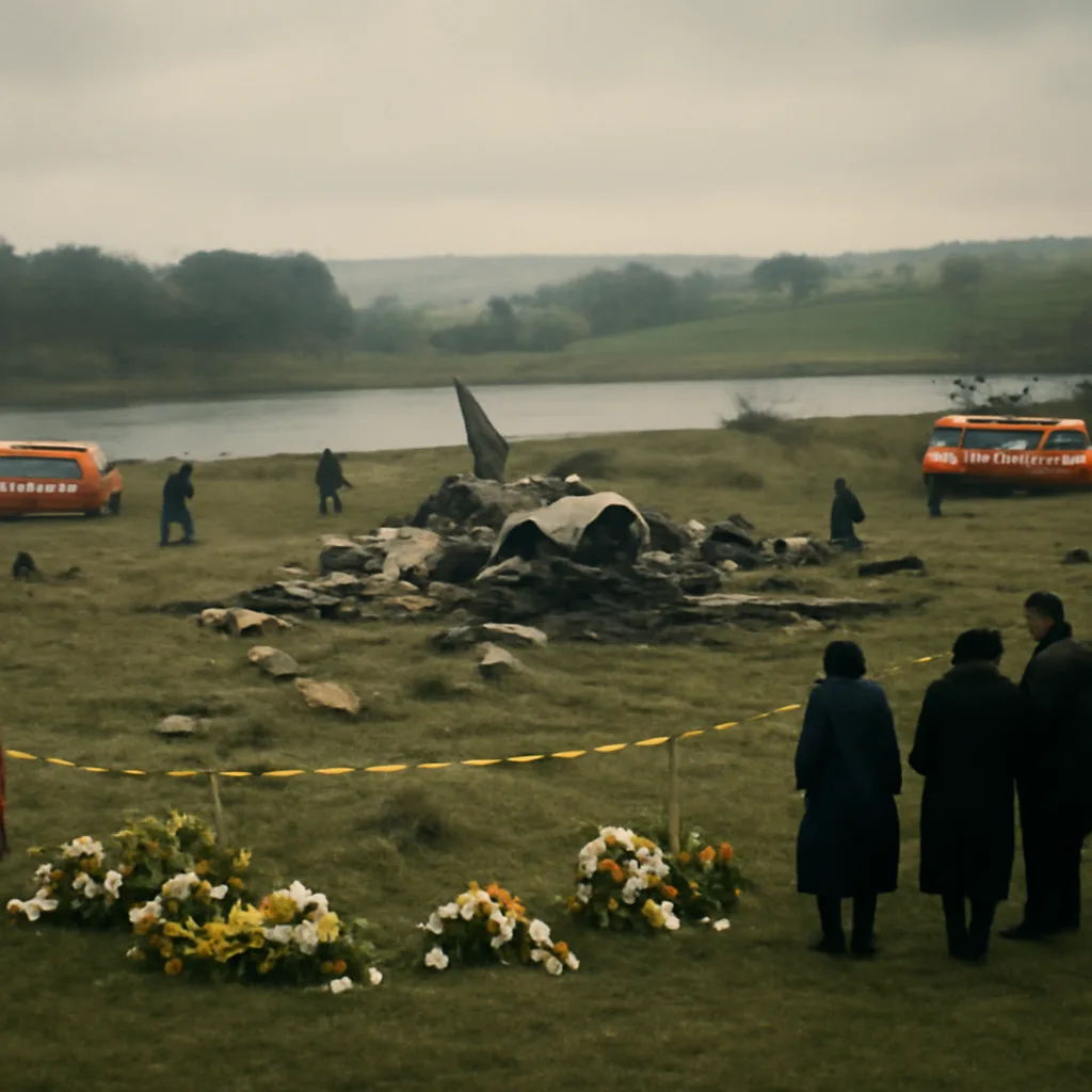 Wideshot of a riverside crash site with scattered wreckage, emergency responders and covered memorial flowers; overcast sky, respectful atmosphere.