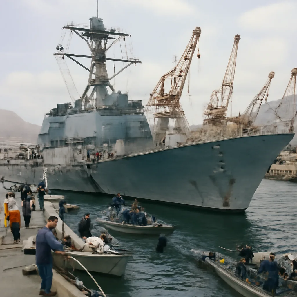 USS Cole moored at a port damaged on the port side with a large hole near the waterline, with rescue and support craft nearby and crew activity on deck following the October 12, 2000 suicide bombing in Aden, Yemen.
