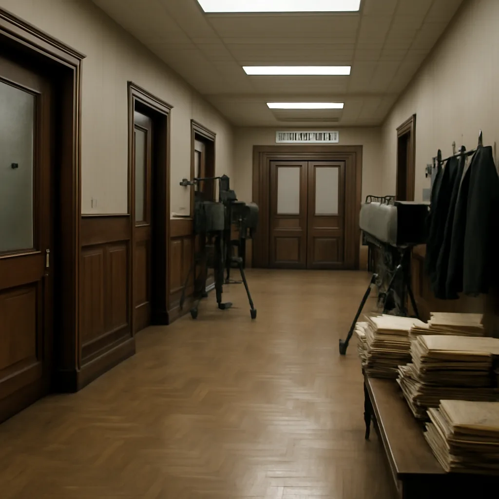 A 1960s courtroom corridor outside a Boston criminal courtroom, with plain wood doors, period light fixtures and reporters' cameras of the era on tripods nearby; no identifiable faces.