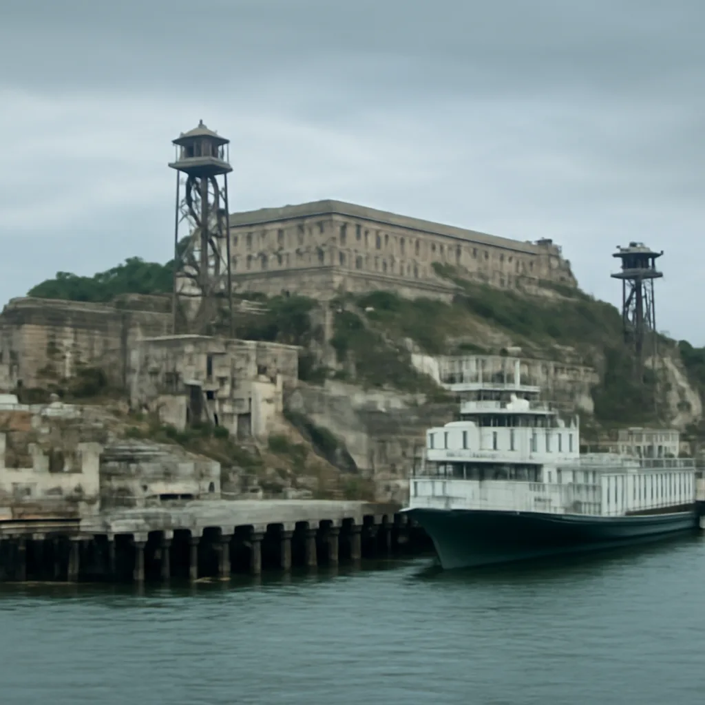 Alcatraz Island seen from across San Francisco Bay showing the island’s prison buildings, docks, and surrounding water under overcast sky; maintenance-related wear visible on masonry and metalwork.