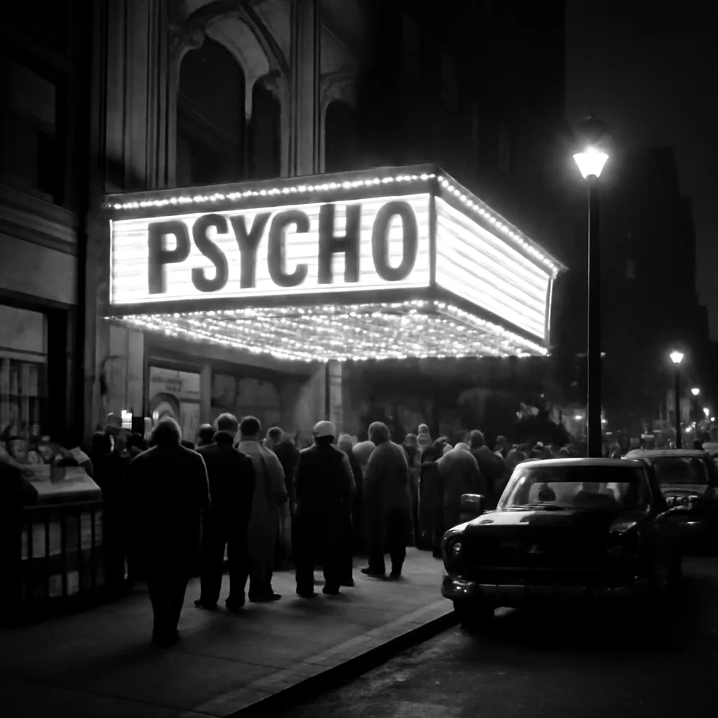 Black-and-white scene of a 1960s movie theater marquee reading 'Psycho' with a queue of well-dressed patrons on the sidewalk and newsstands nearby; evening city street, period cars parked.