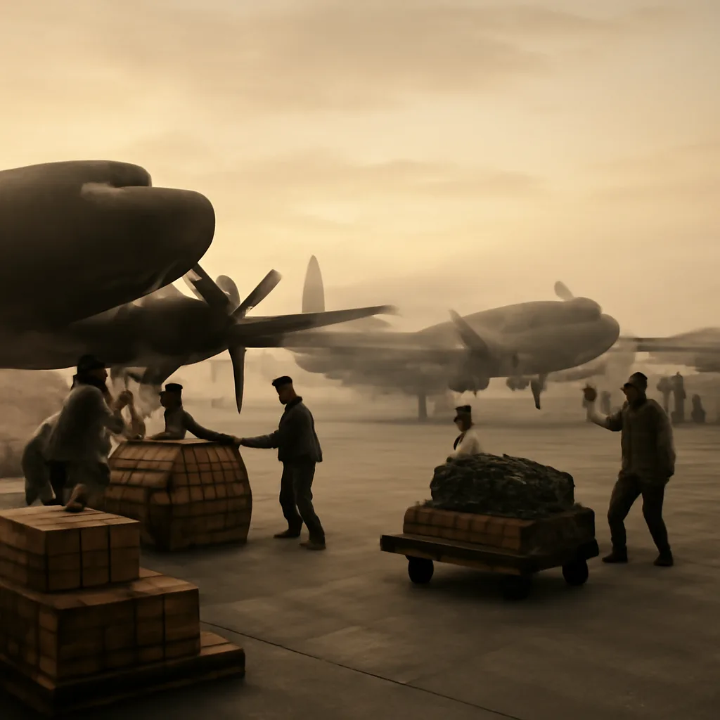 Allied transport aircraft lined up on a foggy airfield with crates and cargo loading equipment, soldiers and ground crews preparing pallets for flights to blockaded Berlin.
