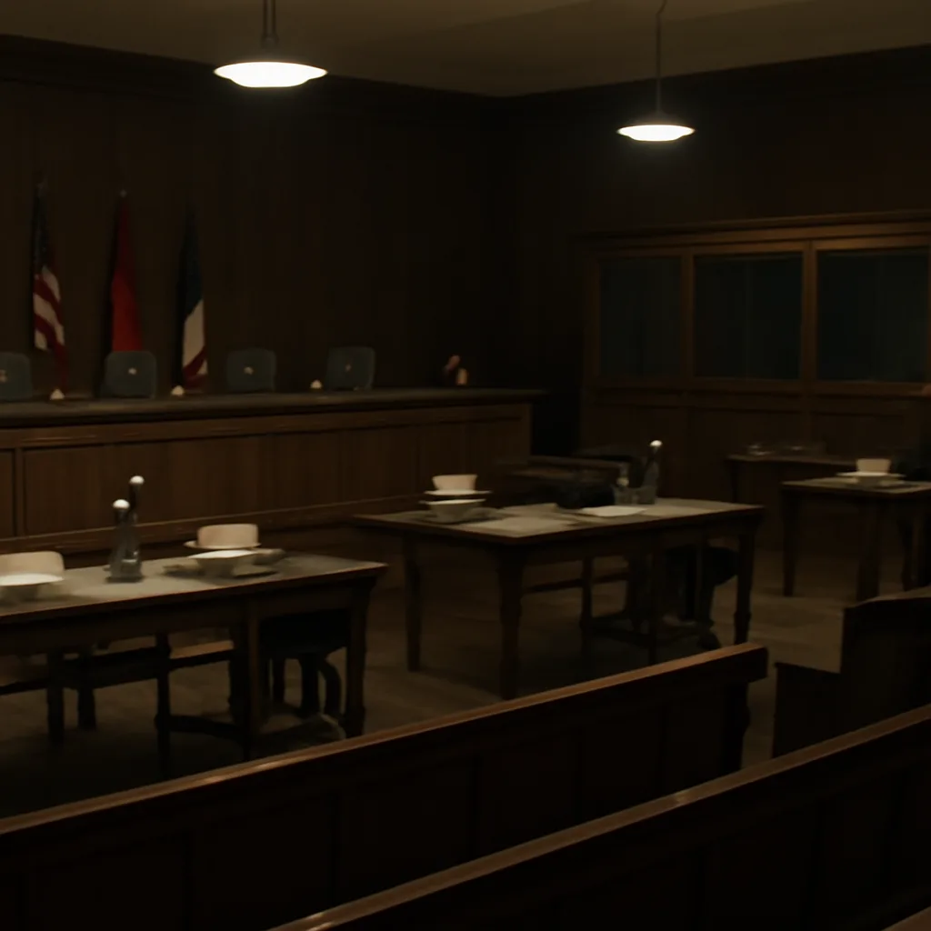 Wide view of a mid-1940s courtroom interior prepared for a multinational tribunal, with benches, translators' booths, and flagpoles; no identifiable faces.
