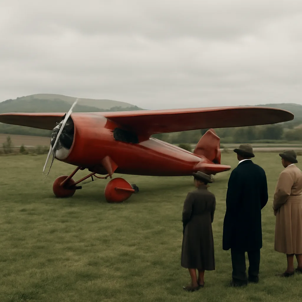 Amelia Earhart’s Lockheed Vega parked in a grassy field with a 1930s biplane and onlookers in period clothing; cloudy sky, rural Northern Ireland setting.