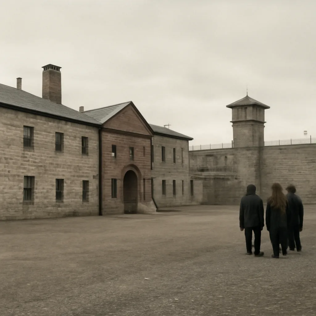 Exterior of early 20th-century Nevada State Prison building and a group of nondescript men in period clothing near the entrance; dim winter light, no identifiable faces.