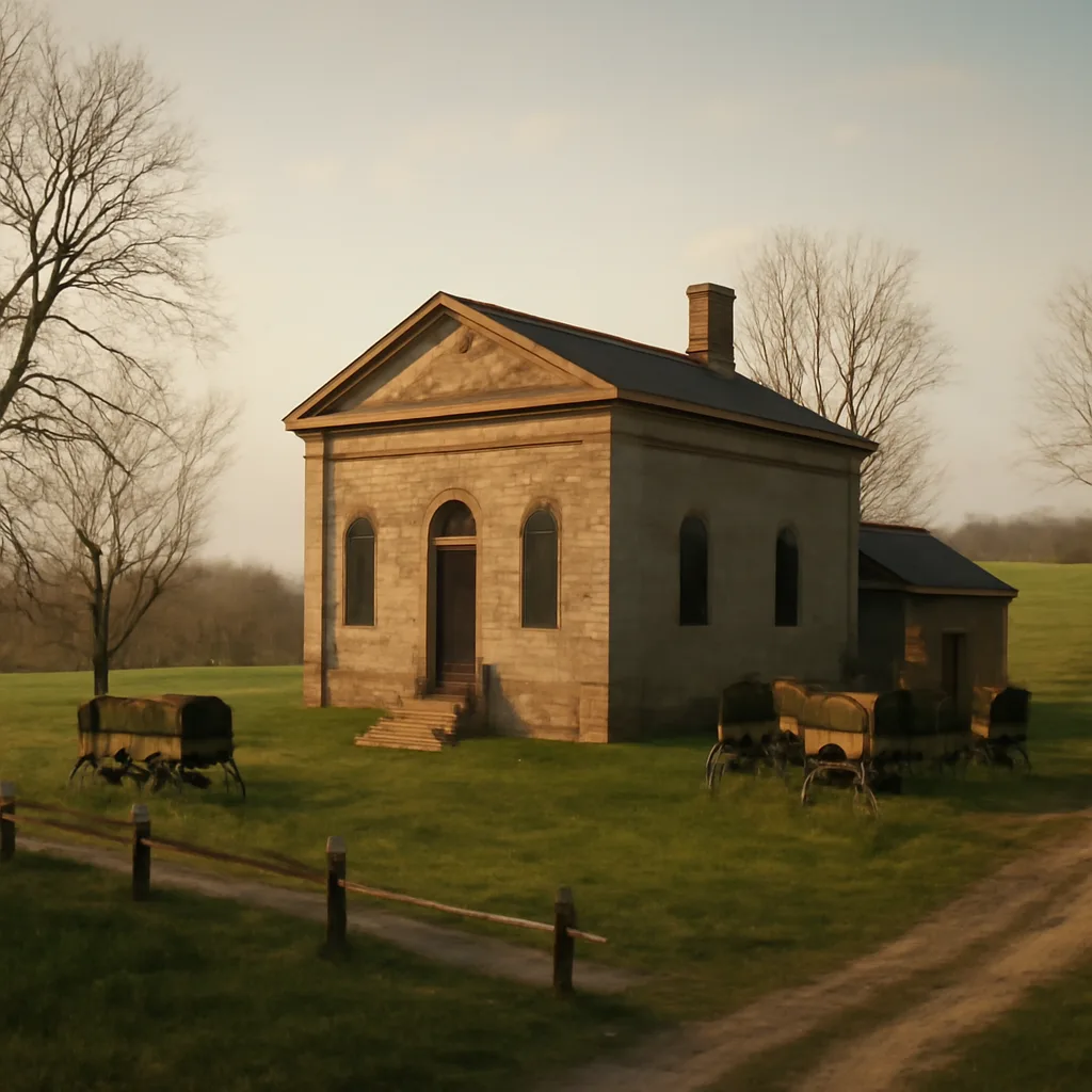 A 19th-century crematory building on a hillside in Washington, Pennsylvania, with a simple classical façade and a low chimney, surrounded by trees and period-era fencing.