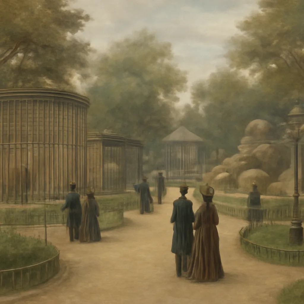 Late 19th-century view of a zoological garden with iron-barred animal enclosures, Victorian landscaping, and visitors in period dress walking along gravel paths.