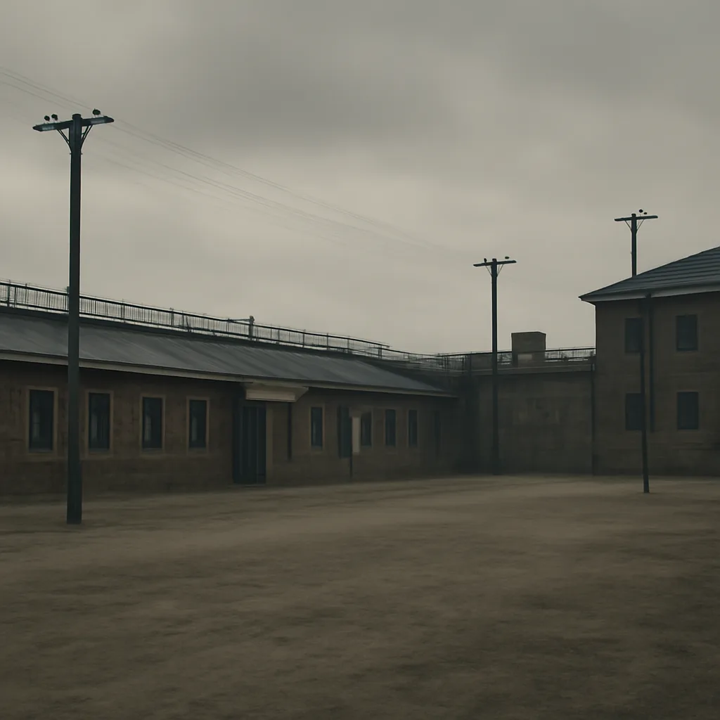 Exterior of early 20th-century Nevada State Prison buildings with plain brick walls and barred windows, circa 1920s, viewed from a courtyard; overcast sky.