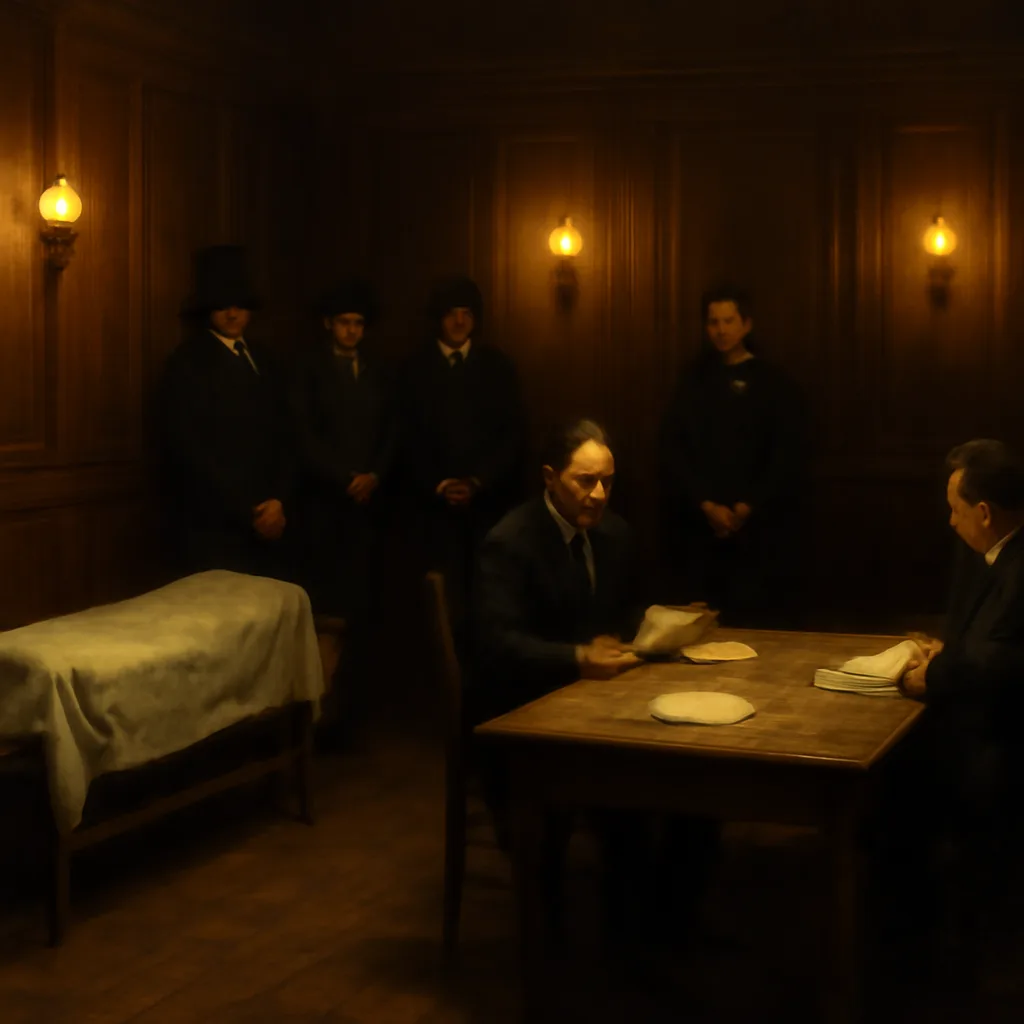 A 19th-century coroner’s inquest scene in a modest wood-paneled room illuminated by gaslight, with a simple bier, a few standing witnesses in period dress, and a physician taking notes.