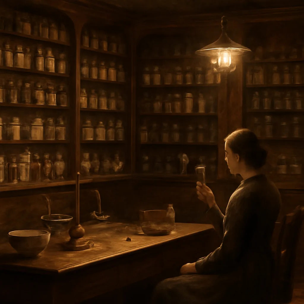 A 19th-century shop interior showing shelves of labeled jars and bottles of cosmetics and patent remedies, a counter with a small scale and glass bottles, and a woman seated in period dress examining a hand mirror.