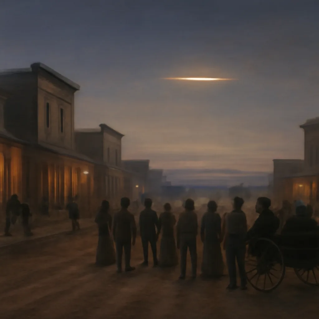Late 19th-century Kansas evening sky with a bright elongated object above a small town and farmland, gas-lit street lamps and horse-drawn wagons visible below.