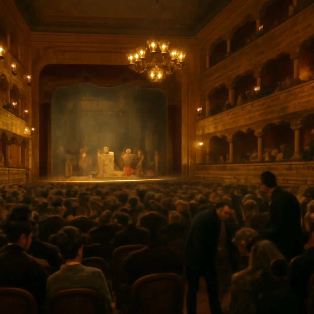Late 19th-century Parisian theater interior with a crowded audience showing mixed reactions—some slumped or attended to—lit by gas or early electric lighting; stage and performers visible in the background.