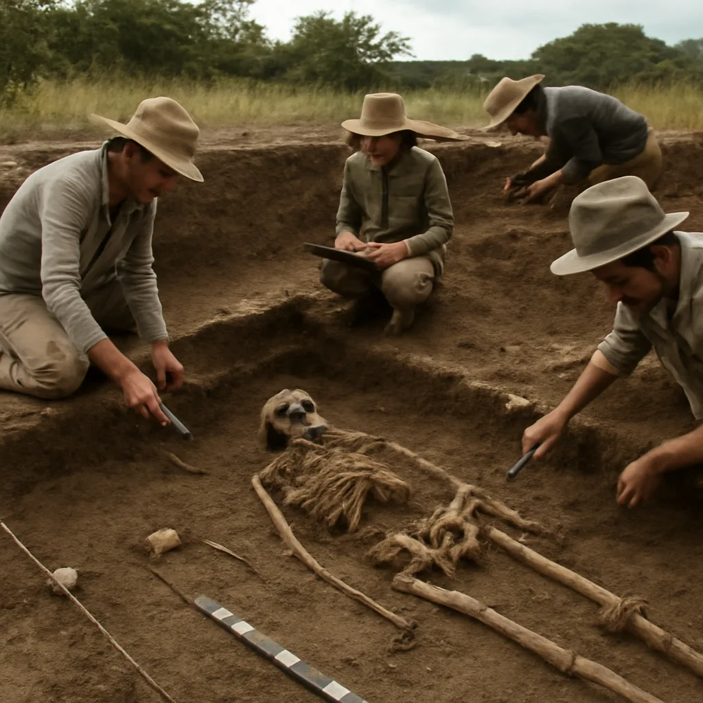 Excavation trench showing skeletal remains partially exposed in situ with a corroded metal component near one limb; archaeologists’ tools and stratigraphic layers visible.
