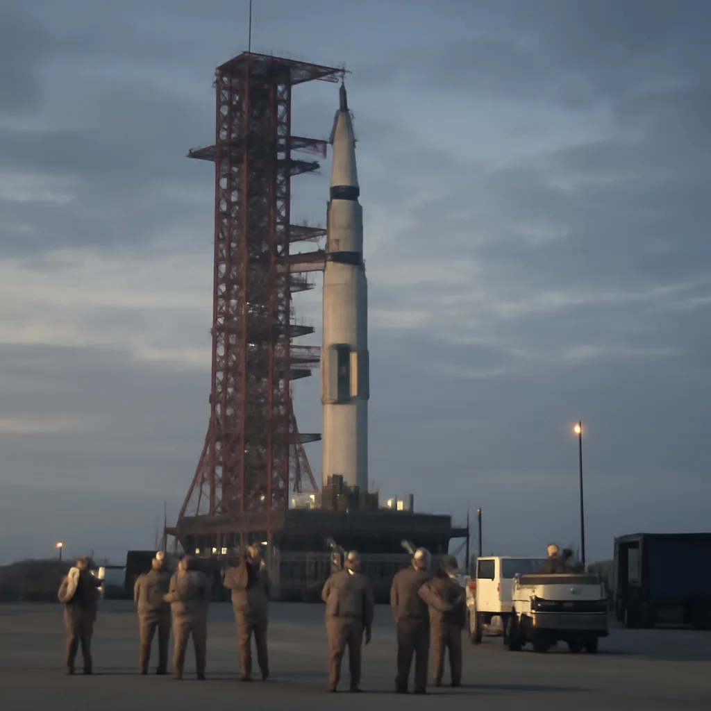 Saturn IB rocket on the launch pad at Cape Kennedy with Apollo 7 crew support equipment and technicians nearby, early morning light; no identifiable faces visible.