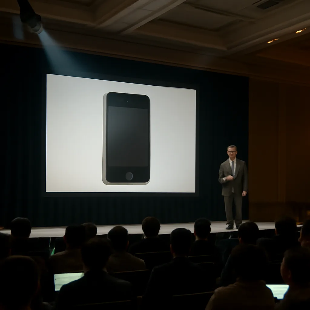 Steve Jobs on stage at the January 9, 2007 Macworld keynote beside a projected image of the first iPhone; audience and stage lighting visible.