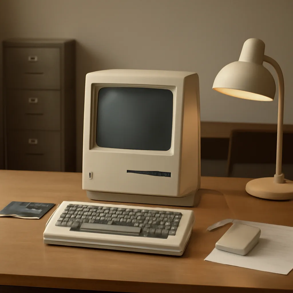 The original Macintosh 128K desktop computer on a simple desk with its keyboard and mouse, showing the 9-inch black-and-white screen and compact beige case.