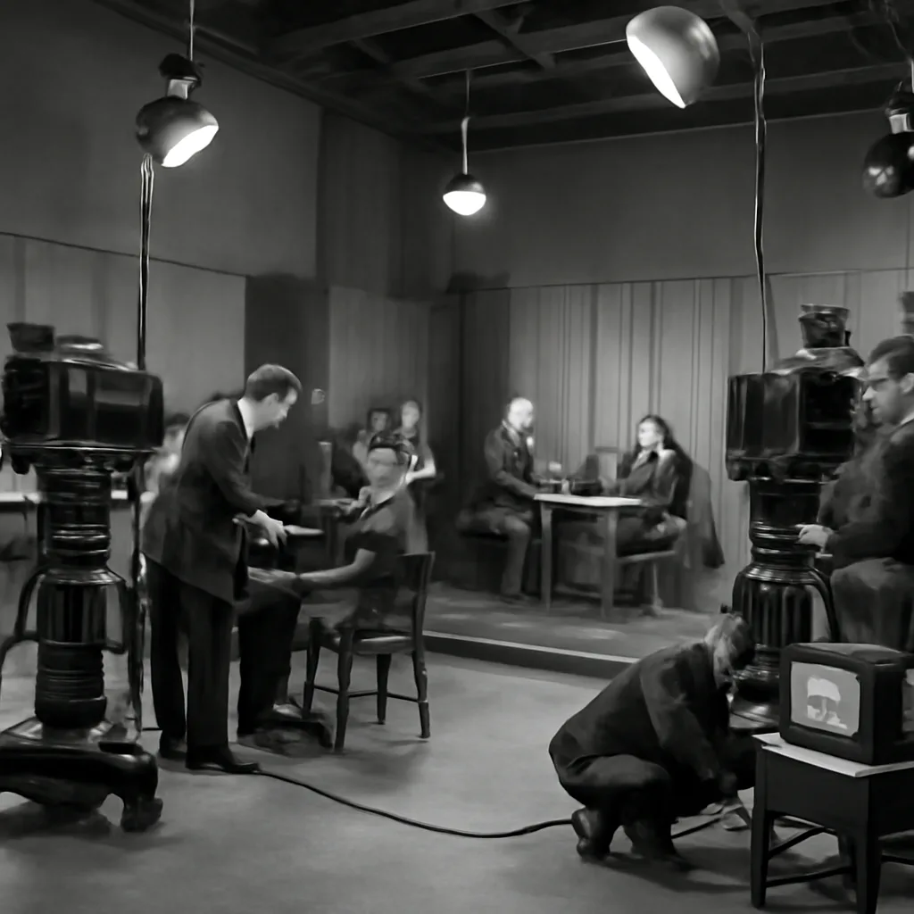 A 1940 television studio interior: bulky camera equipment on wheeled mounts, studio lights, technicians in period clothing operating controls, and a small live studio with early television monitors visible on a table.